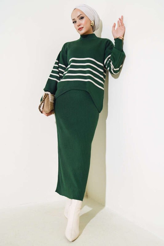 Thin Striped Knitwear Vest Two Piece Suit Emerald