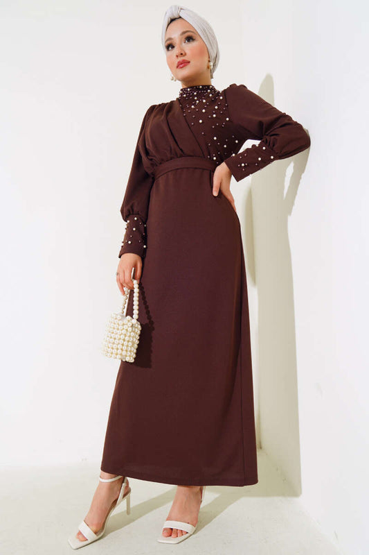 Pearl Embellished Dress - Brown