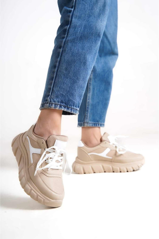 Women's Cream Lace-Up Mesh Casual Sneaker Sports Shoes