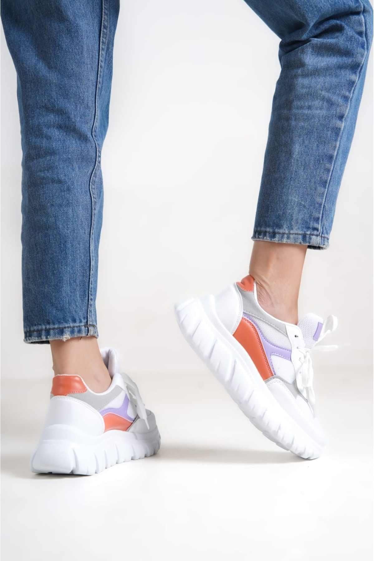 Women's Orange-White Lace-Up Mesh Casual Sneaker Sports Shoes