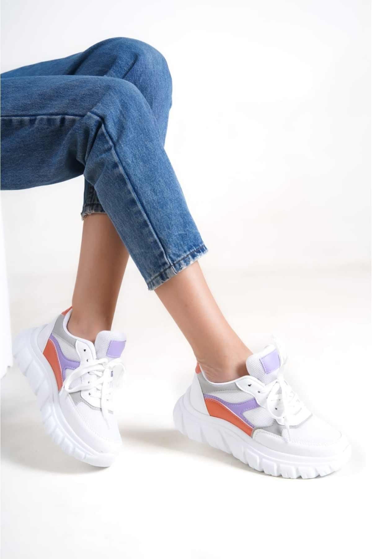 Women's Orange-White Lace-Up Mesh Casual Sneaker Sports Shoes