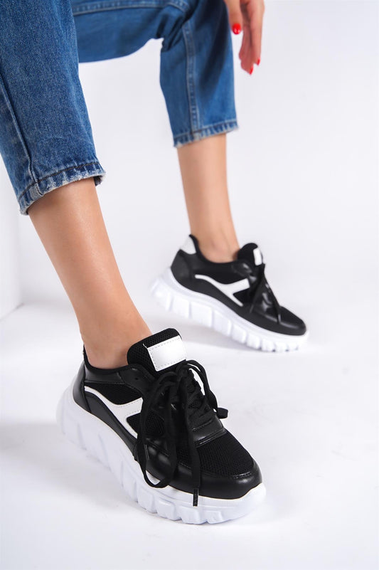 Women's Black-White Lace-Up Mesh Casual Sneaker Sports Shoes