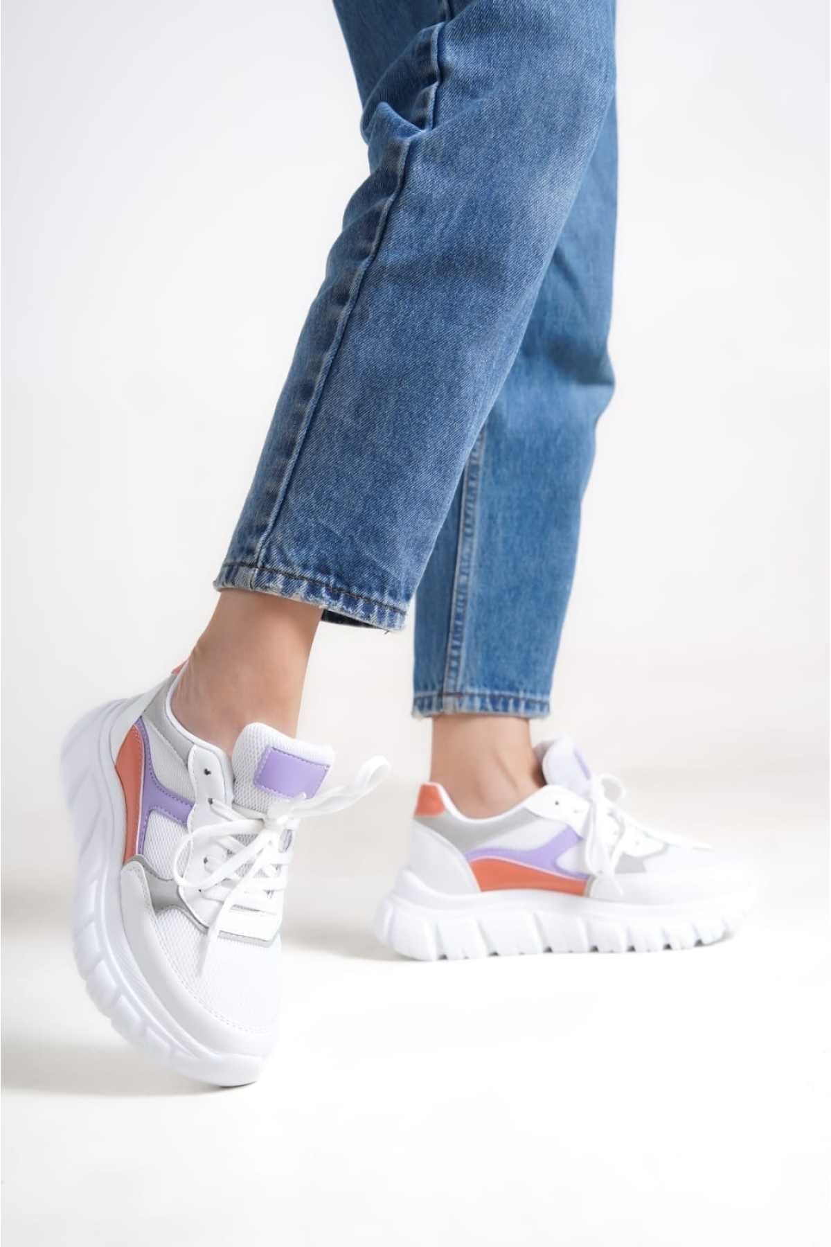 Women's Orange-White Lace-Up Mesh Casual Sneaker Sports Shoes