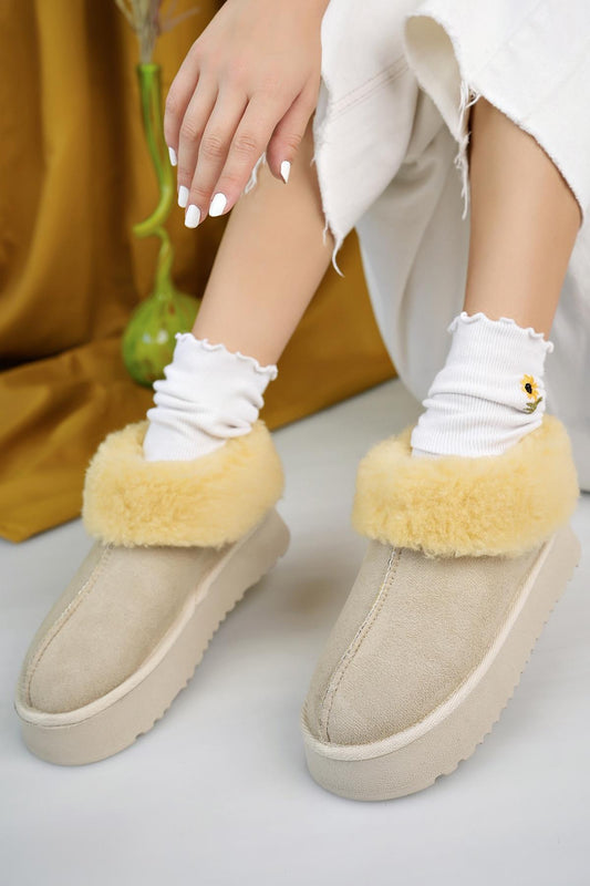 Women's Nude Suede Half Boots Thick Sole Furry Inside Shoes