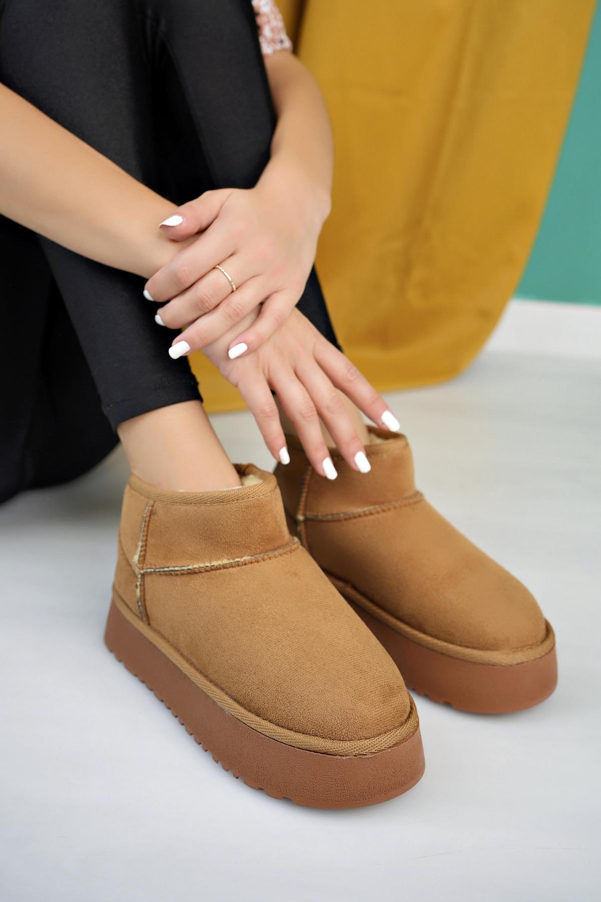 Women's Brown Suede Half Boots Thick Sole Furry Inside Shoes