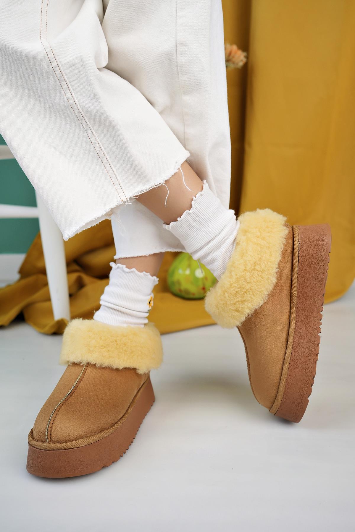 Women's Brown Suede Half Boots Thick Sole Furry Inside Shoes