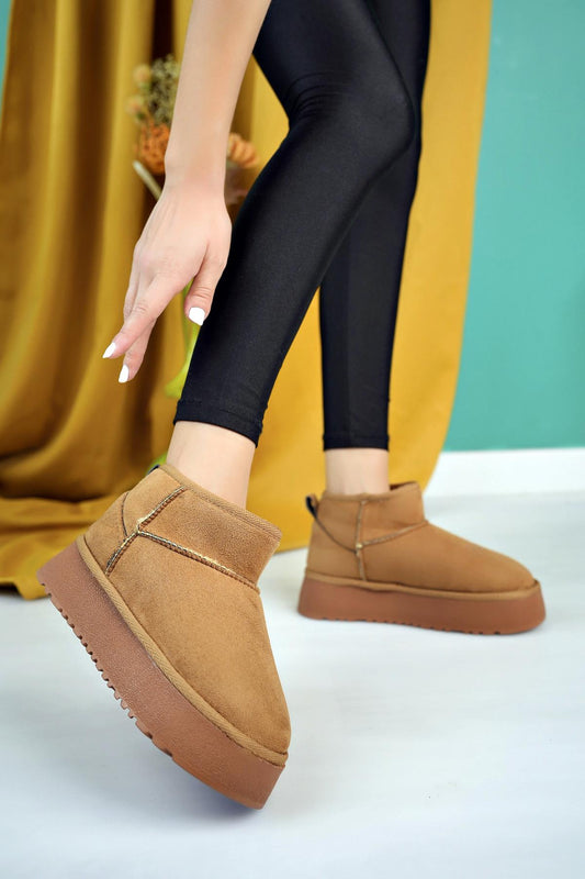 Women's Brown Suede Half Boots Thick Sole Furry Inside Shoes