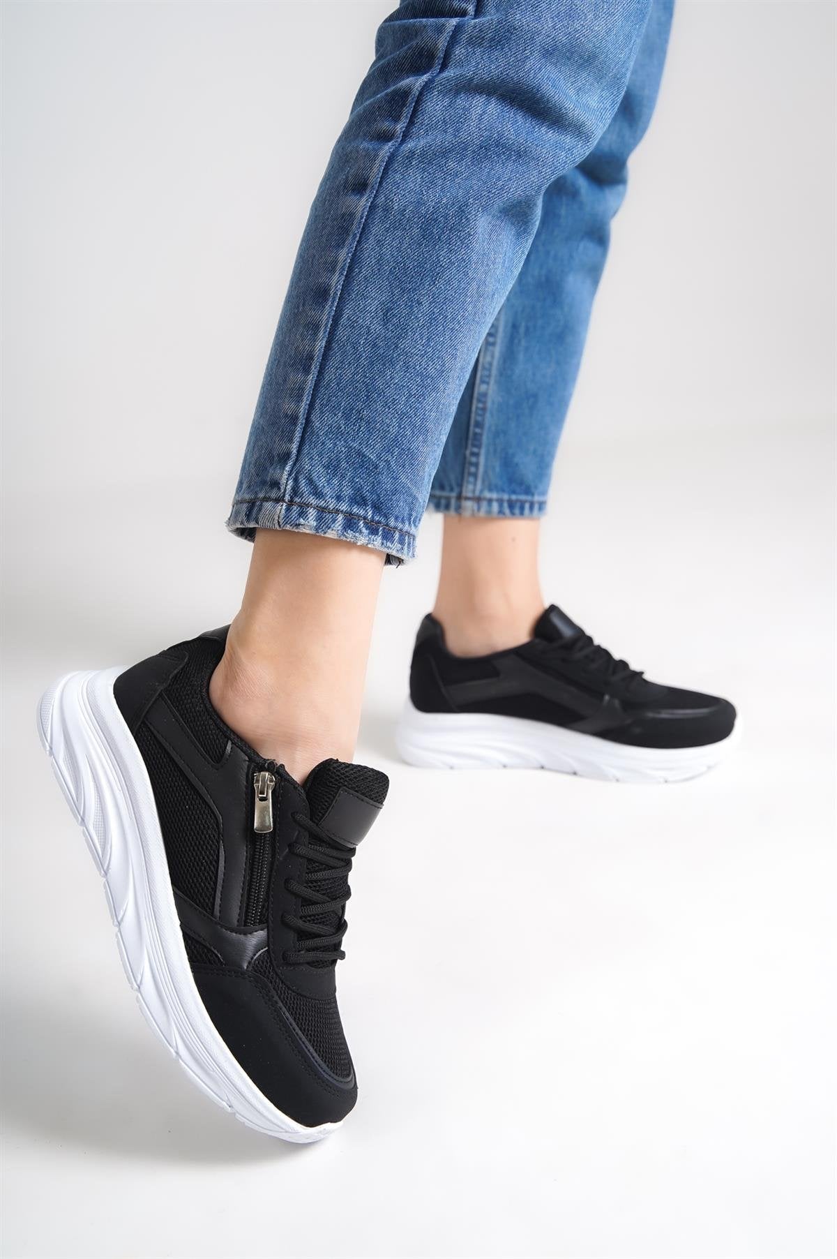 Women's Black Zippered Mesh Casual Sneaker Sports Shoes