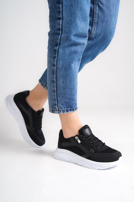 Women's Black Zippered Mesh Casual Sneaker Sports Shoes