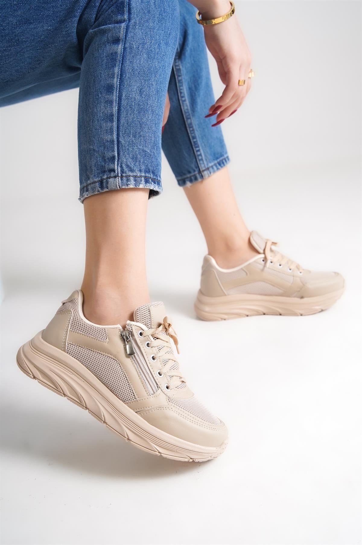 Women's Cream Zippered Mesh Casual Sneaker Sports Shoes