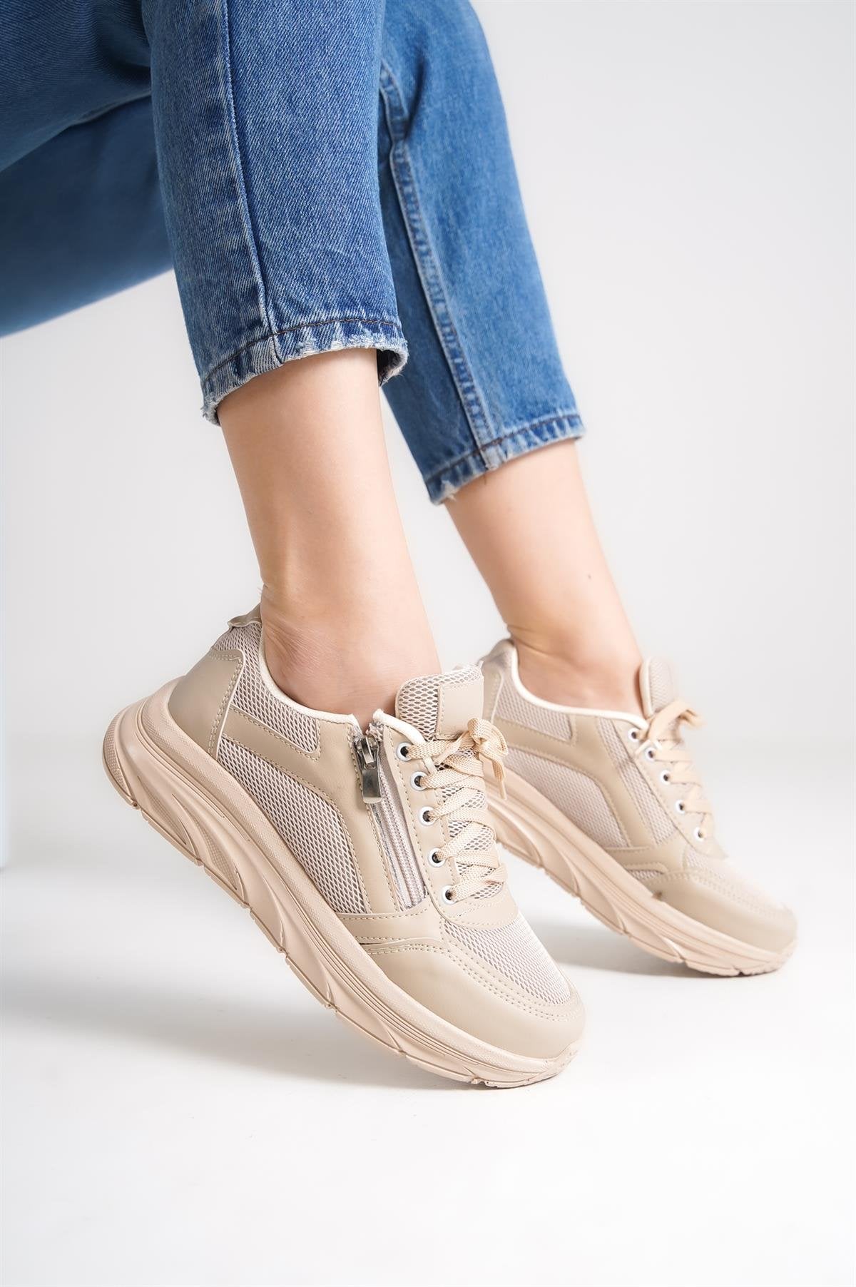 Women's Cream Zippered Mesh Casual Sneaker Sports Shoes