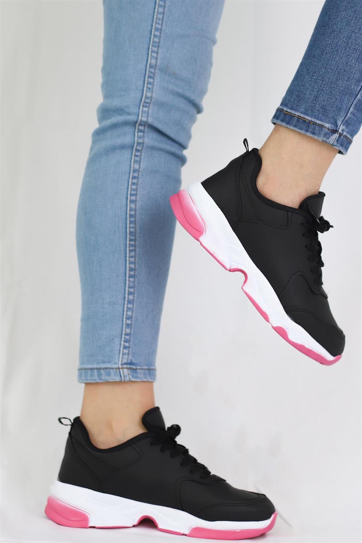 Women's Black Pink Colored Sole Lace-up Daily Walking Sports Shoes