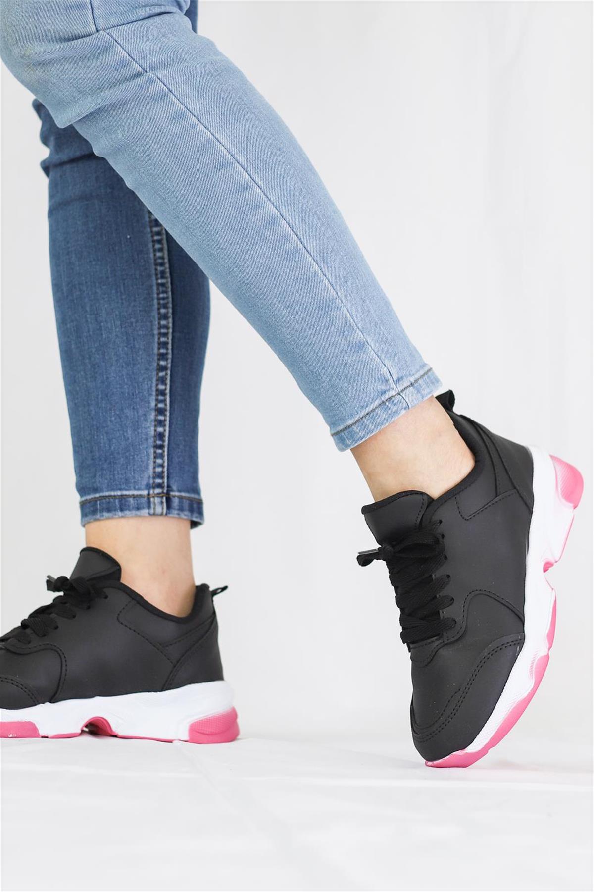 Women's Black Pink Colored Sole Lace-up Daily Walking Sports Shoes