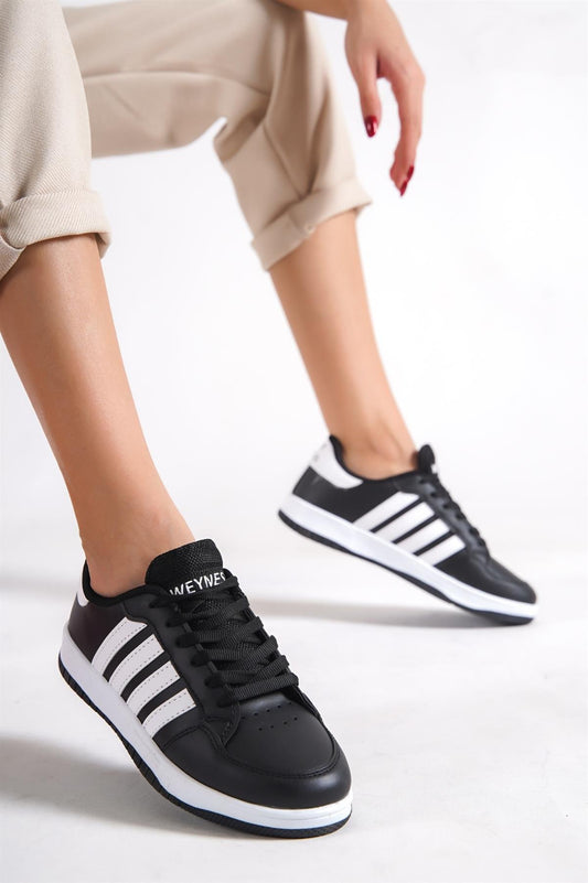 Women's Black Flat Sole Lace-Up Casual Sneaker Sports Shoes