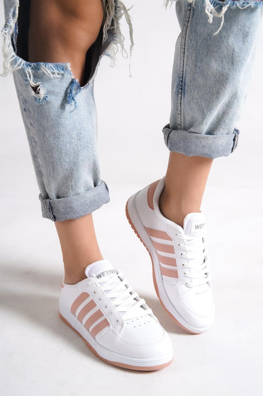 Women's White-Powder Flat Sole Lace-Up Casual Sneaker Sports Shoes