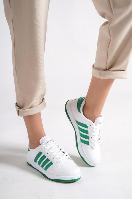 Women's White-Green Flat Sole Lace-Up Casual Sneaker Sports Shoes