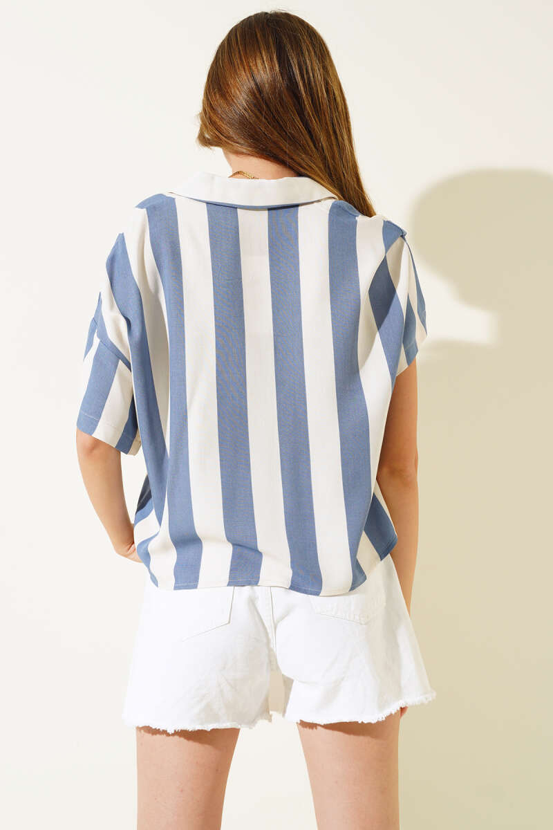 Thick Striped Poor Sleeve Shirt - Blue