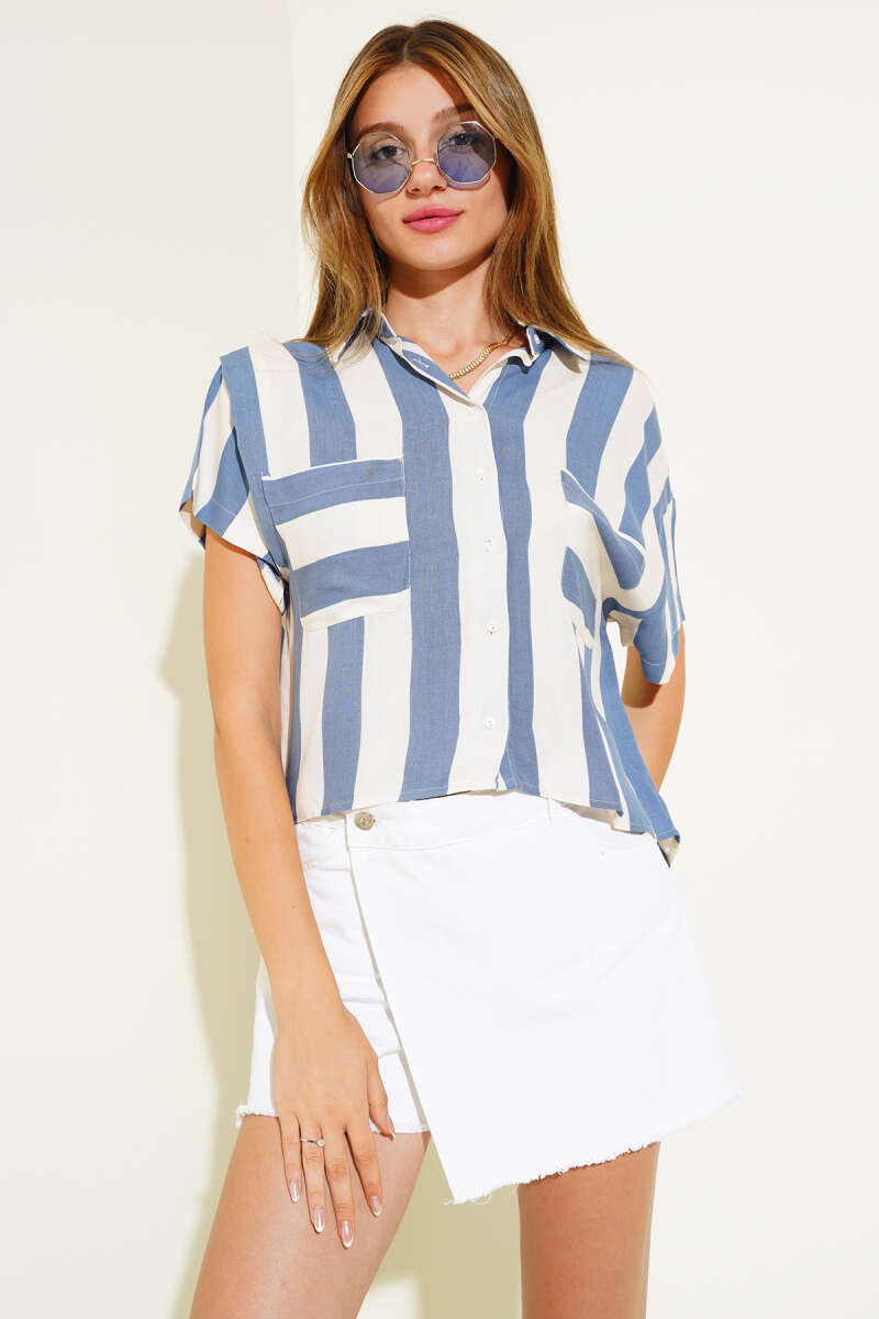 Thick Striped Poor Sleeve Shirt - Blue