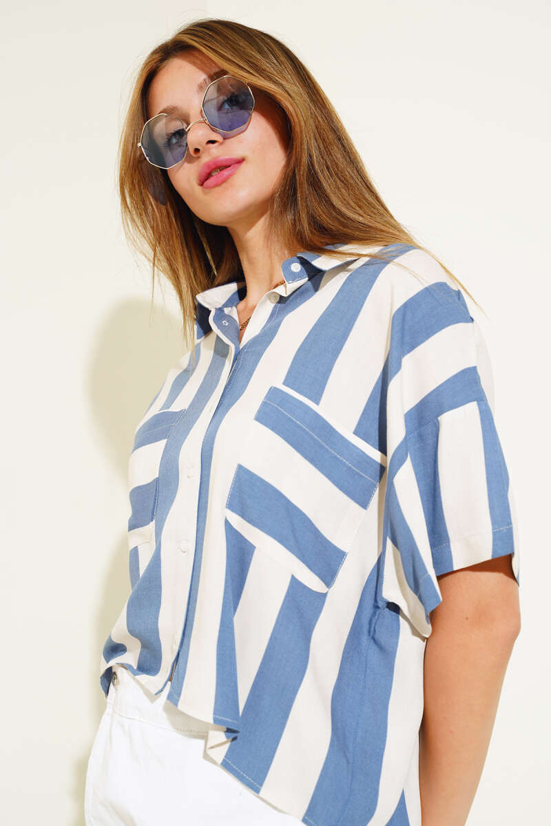 Thick Striped Poor Sleeve Shirt - Blue