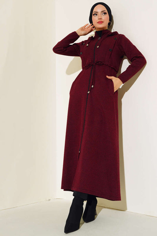 Hooded Zippered Coat - Claret Red