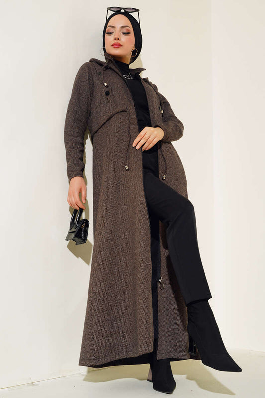 Hooded Zippered Coat - Brown