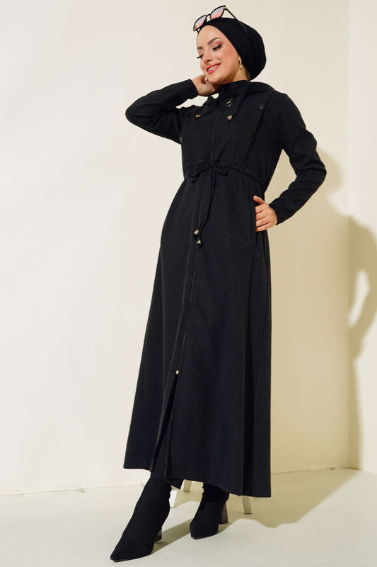 Hooded Zippered Coat - Black