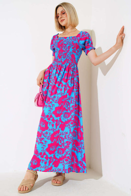 Mixed Patterned Viscose Woven Dress - Blue