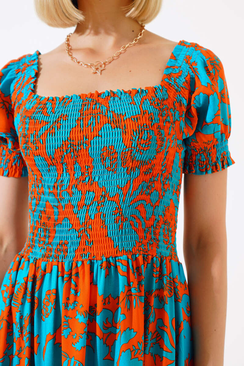 Mixed Patterned Viscose Woven Dress - Orange