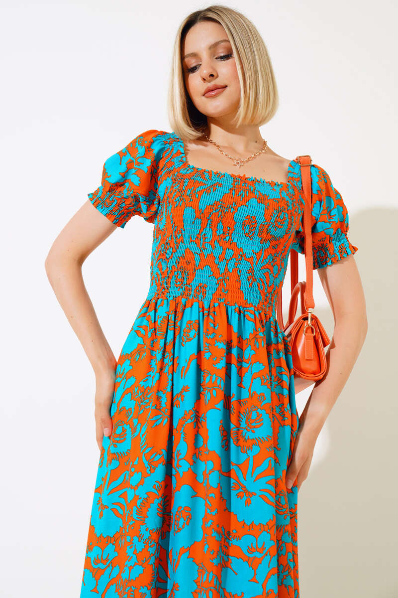 Mixed Patterned Viscose Woven Dress - Orange