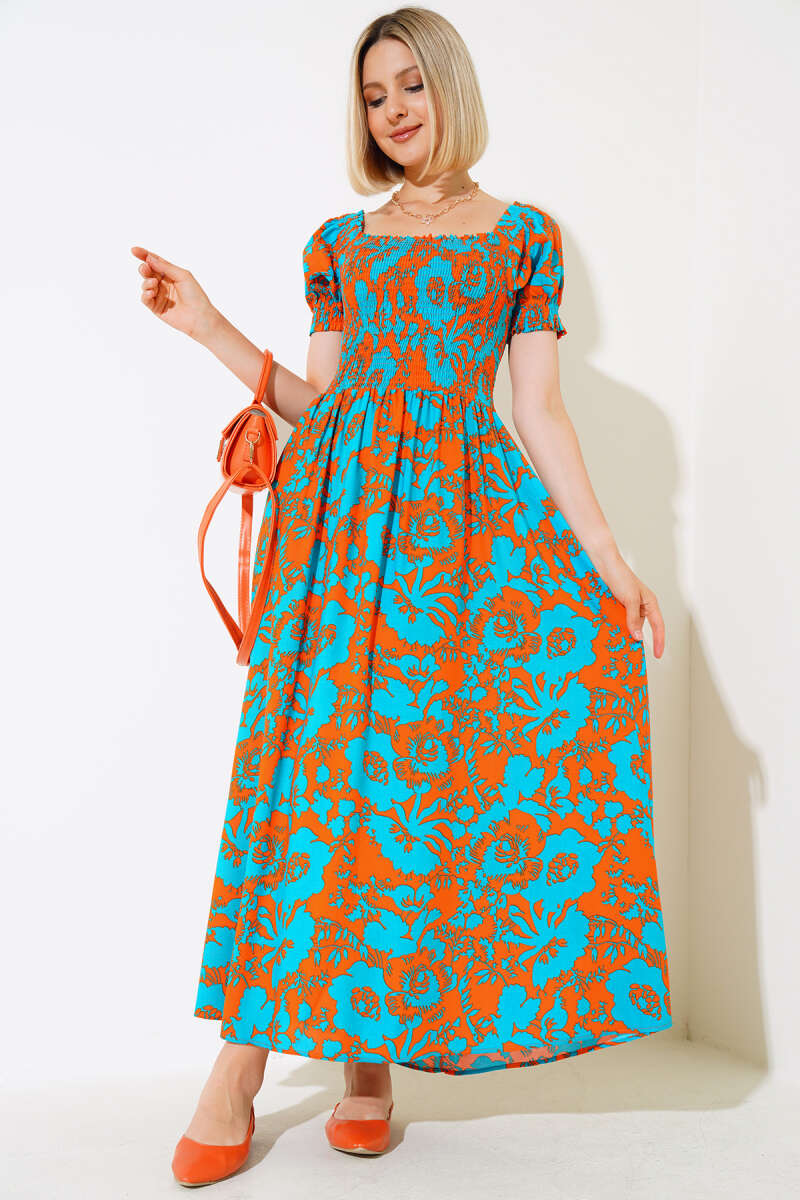 Mixed Patterned Viscose Woven Dress - Orange