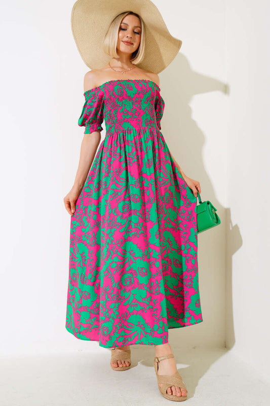 Mixed Patterned Viscose Woven Dress - Green