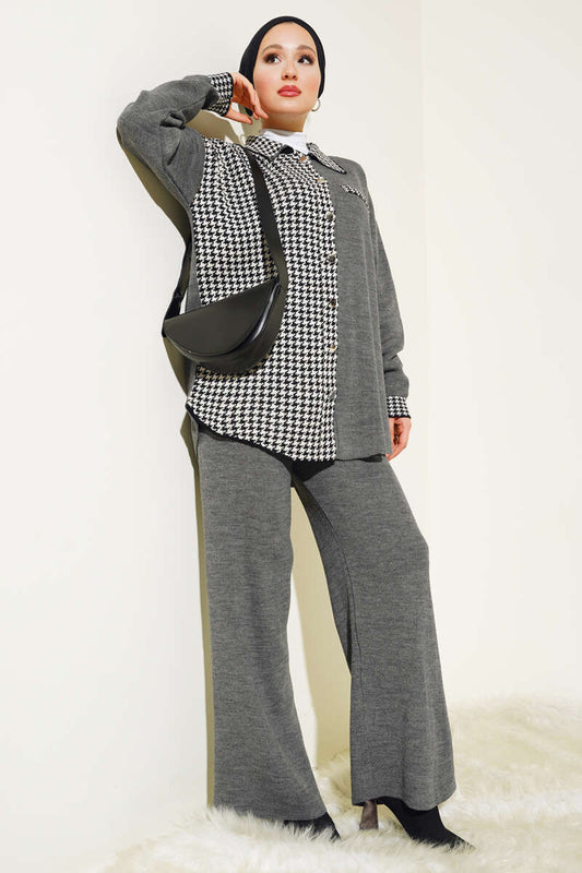 Houndstooth Detailed Buttoned Knitwear Two Piece Set Smoke