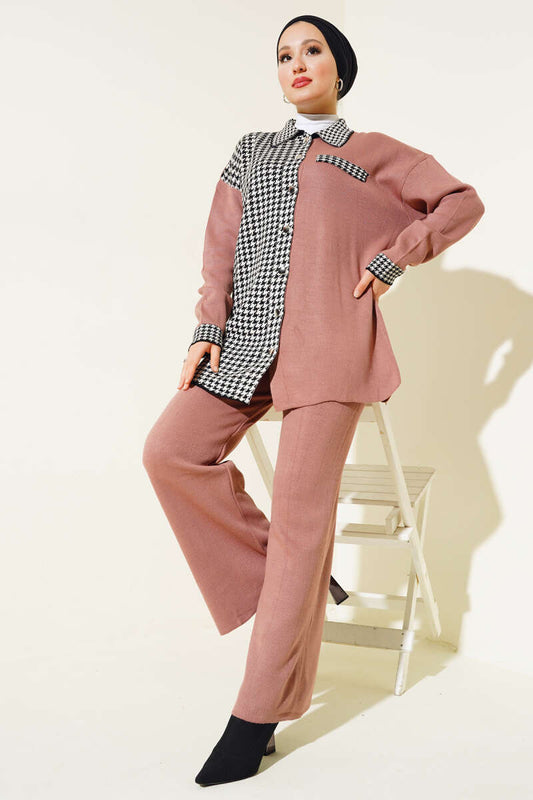 Houndstooth Detailed Buttoned Knitwear Two Piece Set Dusty Rose