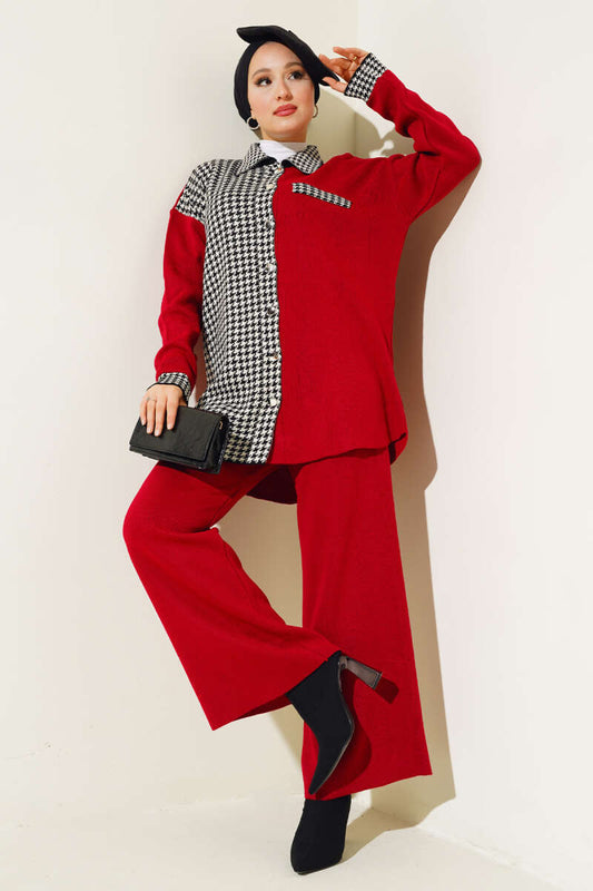 Houndstooth Detailed Buttoned Knitwear Two Piece Set Red