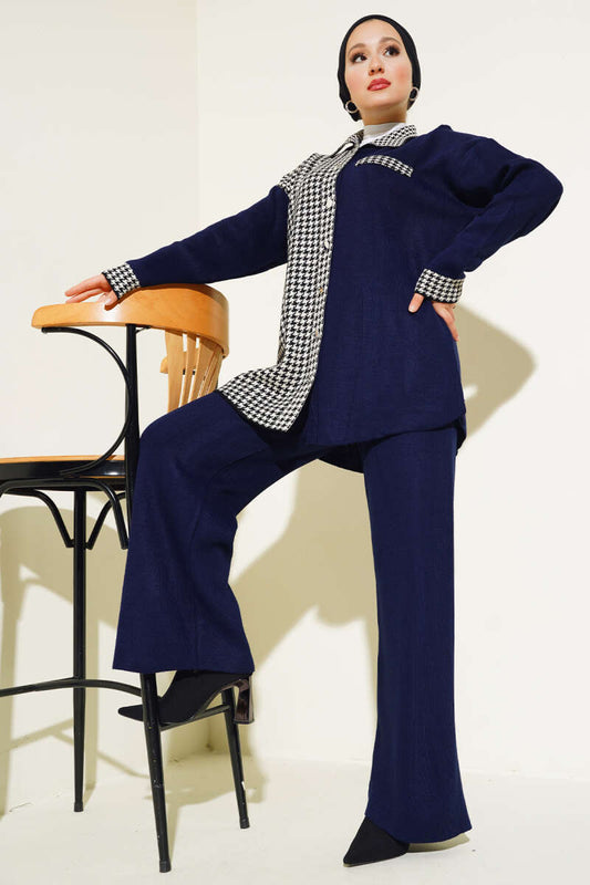 Houndstooth Detailed Buttoned Knitwear Two Piece Suit Navy Blue