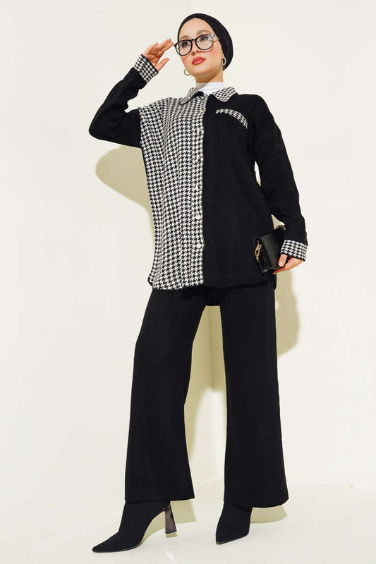 Houndstooth Detailed Buttoned Knitwear Two Piece Set Black