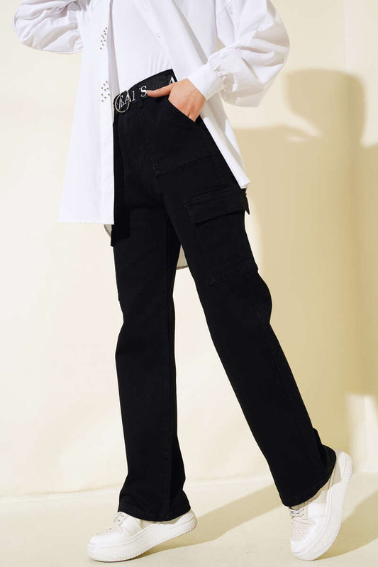 Belted Cargo Pants with Pockets Black