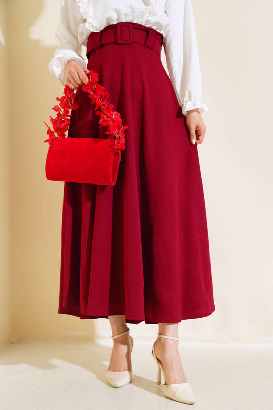 Women's Flared Thick Belted Skirt - Claret Red