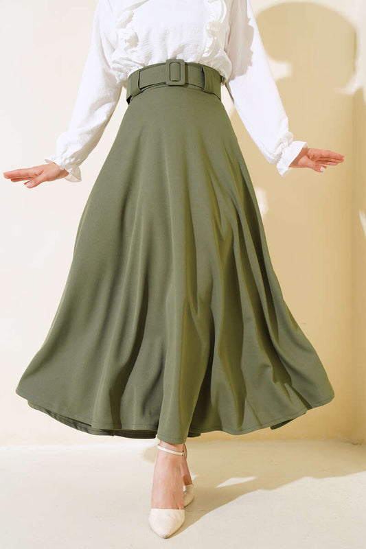 Women's Flared Thick Belted Skirt - Khaki