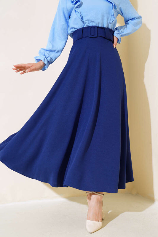 Women's Flared Thick Belted Skirt - Navy Blue