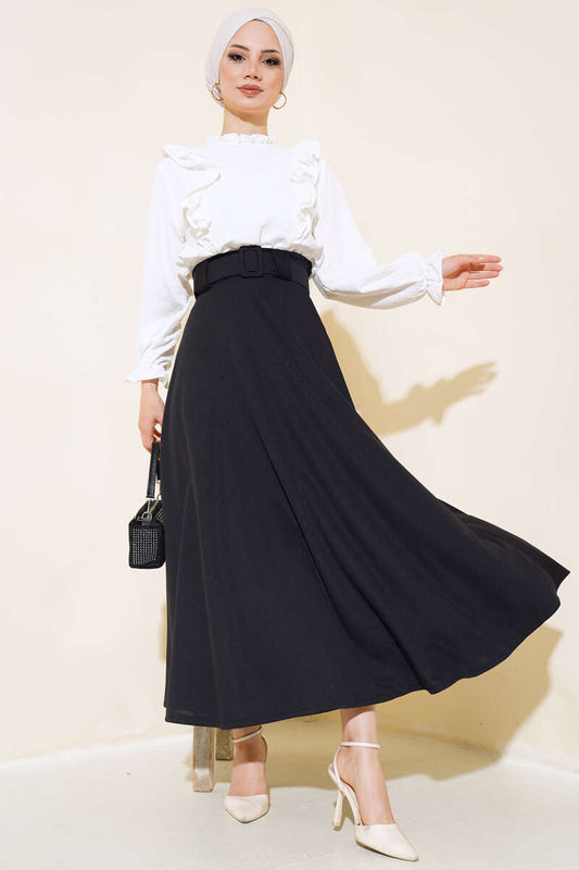 Women's Flared Thick Belted Skirt - Black