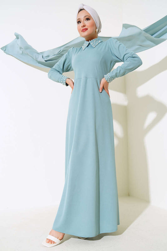 Sleeve Collar Pearl Dress - Mint