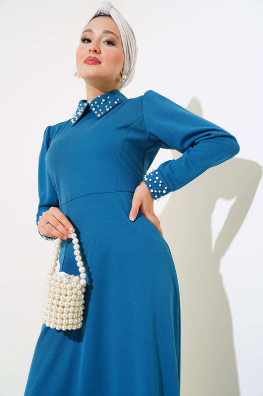 Sleeve Collar Pearl Dress - Petrol