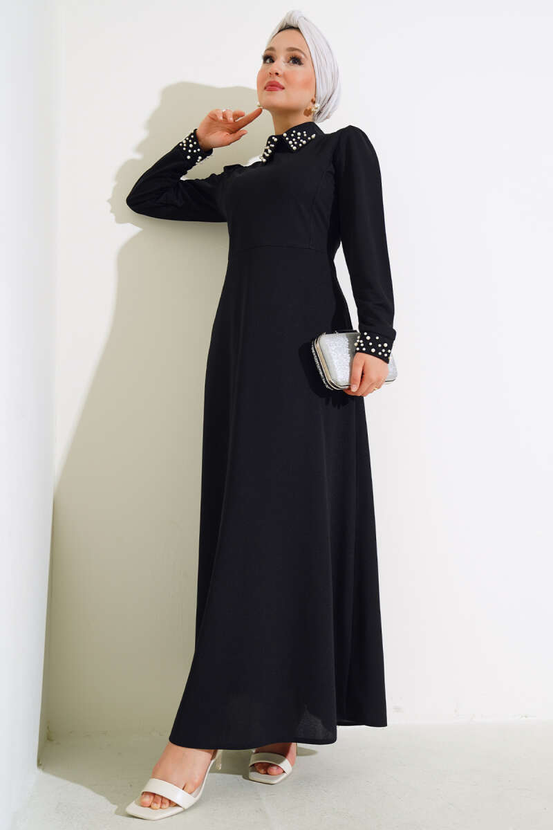 Sleeve Collar Pearl Dress - Black