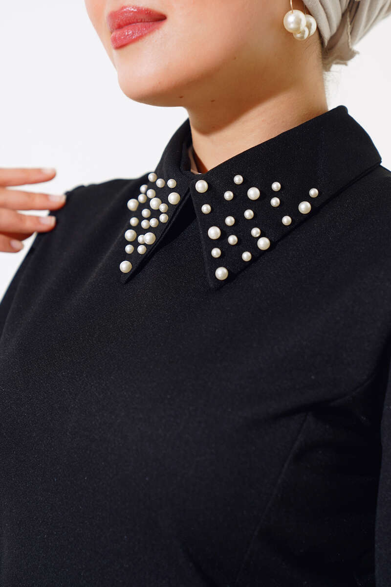 Sleeve Collar Pearl Dress - Black