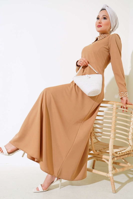 Sleeve Collar Pearl Dress - Tan