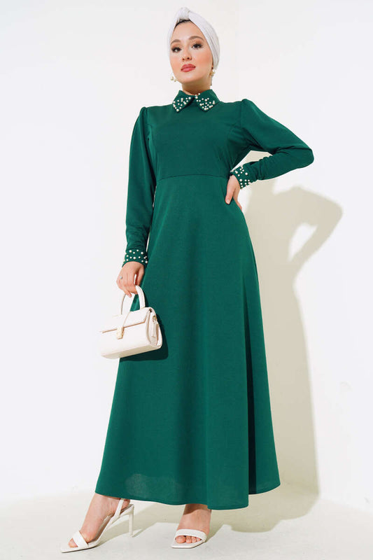 Sleeve Collar Pearl Dress - Emerald