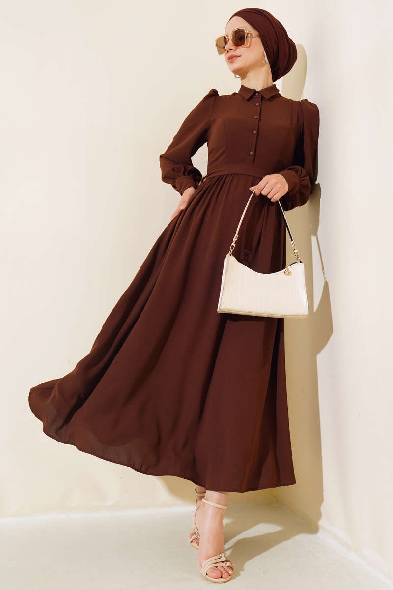 Belted Shirt Collar Dress Brown