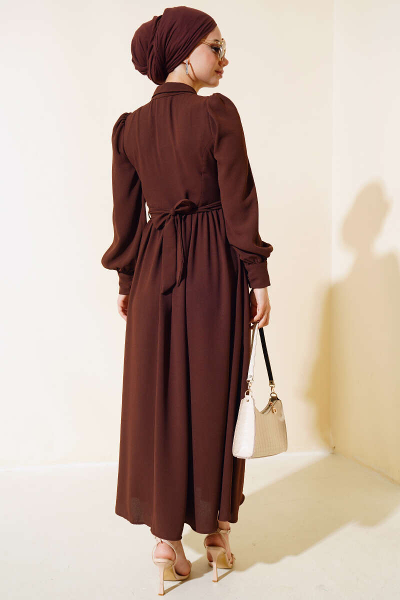 Belted Shirt Collar Dress Brown