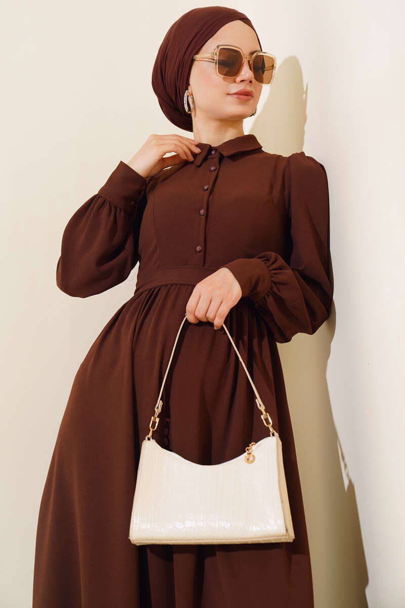 Belted Shirt Collar Dress Brown